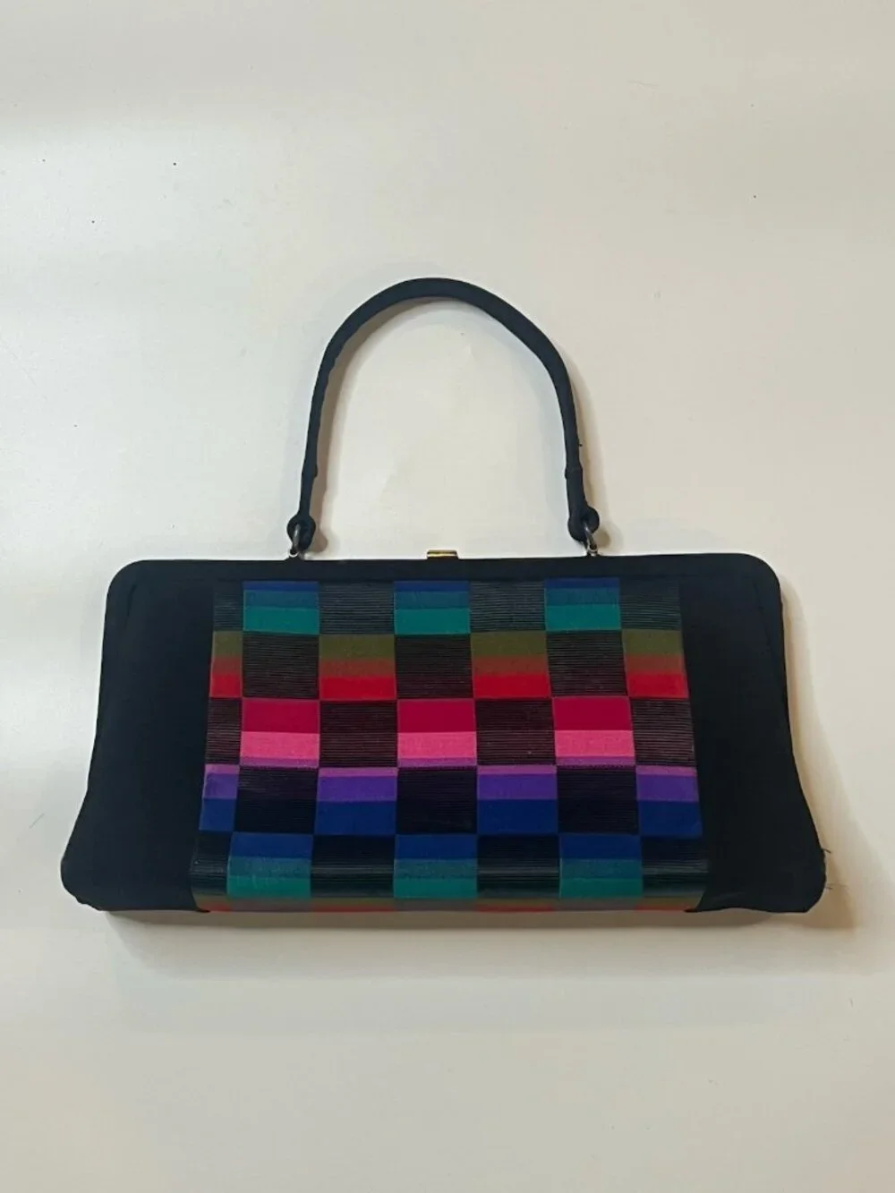 Vtg Pretty Black Geometric Ribbon Woven Top Handle Kiss Lock Evening Handbag